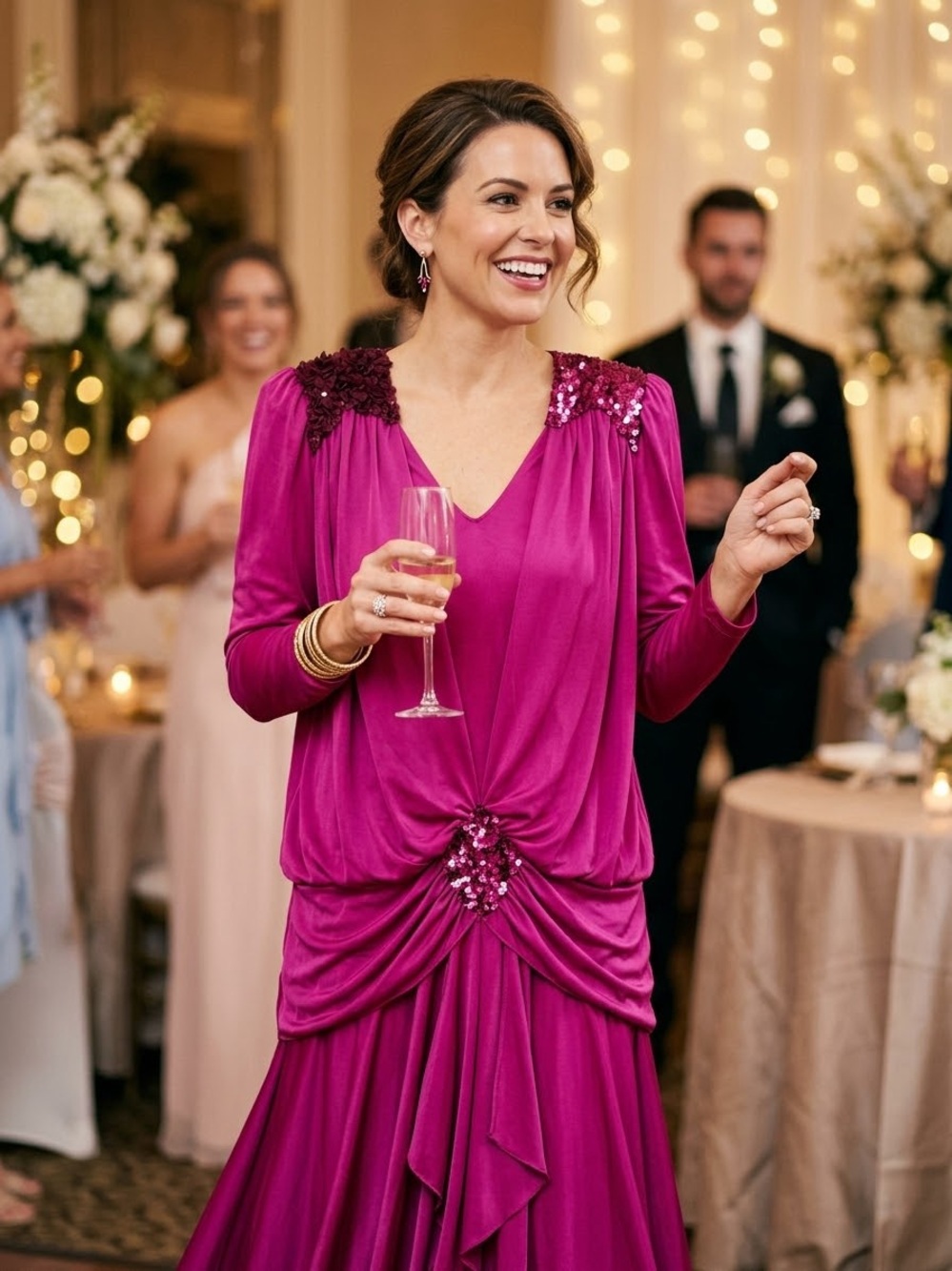 Fuchsia Sequin-Embellished V-Neck Evening Dress